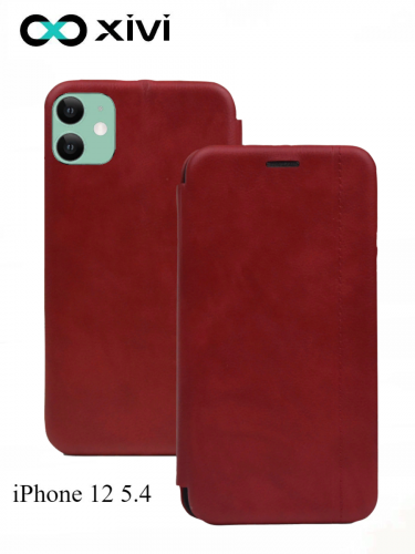 Чехол-книжка Xivi для APPLE iPhone 12 5.4, Premium, вертикальный шов, на магните, экокожа, цвет красный 1