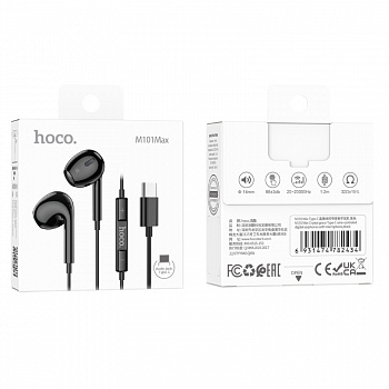 Наушники внутриканальные HOCO, M101 Max, Crystal, микрофон, кнопка ответа, кабель 1.2м, Type-C, чёрный
