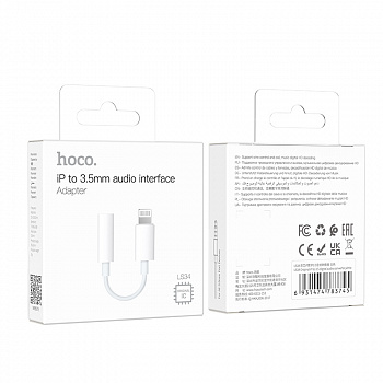Переходник, Lightning - Jack 3,5mm(m), HOCO, LS34, Original, силикон, 0,8см, белый