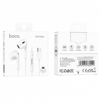 Наушники внутриканальные HOCO, M101 Max, Crystal, микрофон, кнопка ответа, кабель 1.2м, Type-C, белый
