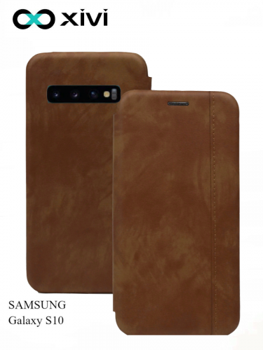 Чехол-книжка Xivi для SAMSUNG  Galaxy S10, Premium, вертикальный шов, на магните, экокожа, цвет хаки 1