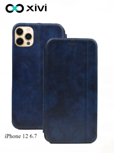 Чехол-книжка Xivi для APPLE iPhone 12 6.7, Premium, вертикальный шов, на магните, экокожа, цвет темно-синий 1