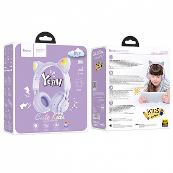 Наушники полноразмерные HOCO, W39, kids, микрофон, bluetooth, фиолетовый