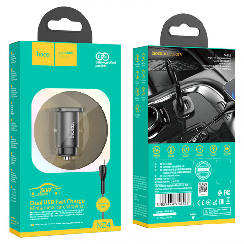 hoco-nz4-wise-road-dual-port-car-charger-set-with-lightning-cable-package-black