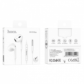 Наушники внутриканальные HOCO, M101 Max, Crystal, микрофон, кабель 1.2м, Jack 3,5mm, белый