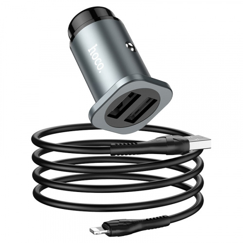 hoco-nz4-wise-road-dual-port-car-charger-set-with-lightning-cable-metal-gray