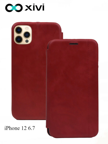 Чехол-книжка Xivi для APPLE iPhone 12 6.7, Premium, вертикальный шов, на магните, экокожа, цвет красный 1
