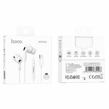 Наушники внутриканальные HOCO, M101 Pro, Crystal, микрофон, кнопка ответа, кабель 1.2м, Type-C, белый