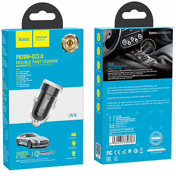 Блок питания автомобильный 1 USB,Type-C HOCO, Z32B, Speed Up, 3.0А, PD20W+QC3.0, металл, чёрный