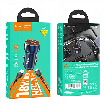 Блок питания автомобильный 1 USB, HOCO, Z46, Blue shield, 3A, кабель Type-C, сапфирово-голубой
